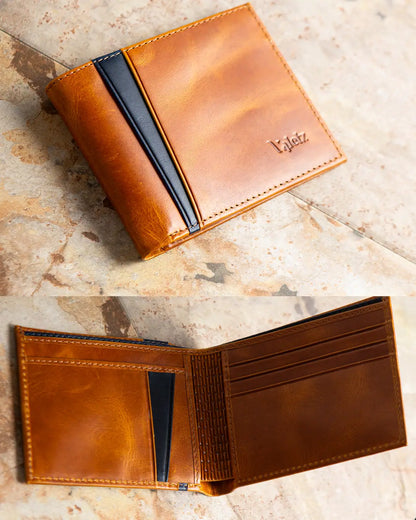 Sophisticated Blue Tan Genuine Leather Bifold Wallet