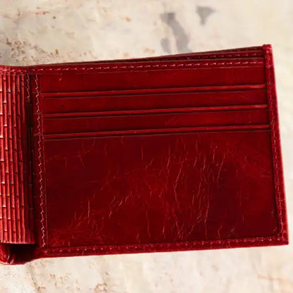 Cartera Bifold de Cuero Auténtico Roja Clásica