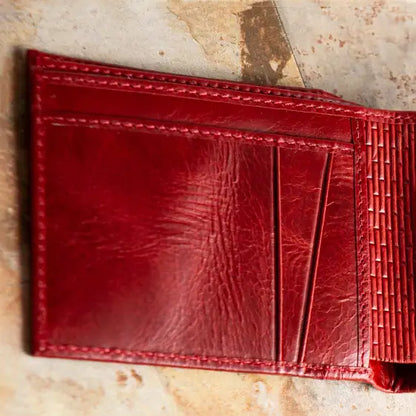 Cartera Bifold de Cuero Auténtico Roja Clásica