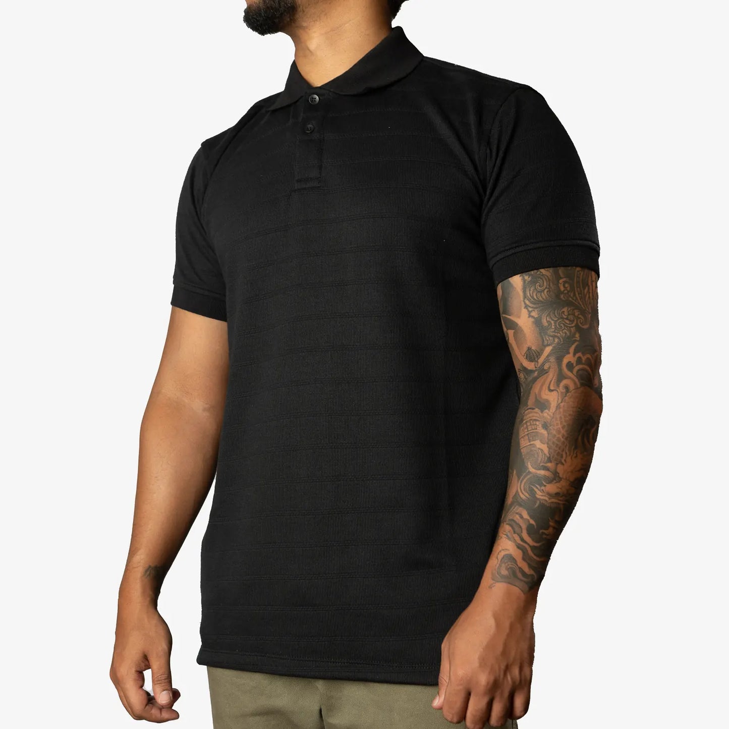 Textured black short sleeve polo shirt