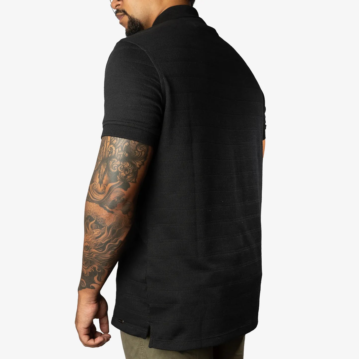 Textured black short sleeve polo shirt