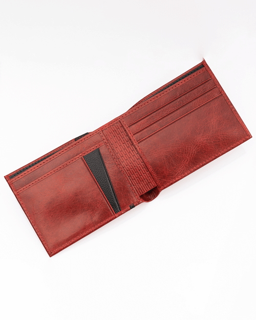 Cartera Bifold de Cuero Auténtico Roja Negra Vanguardista