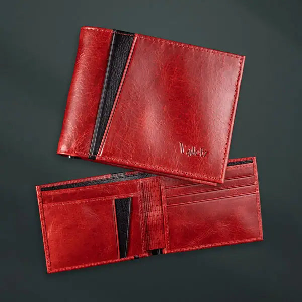 Cartera Bifold de Cuero Auténtico Roja Negra Vanguardista