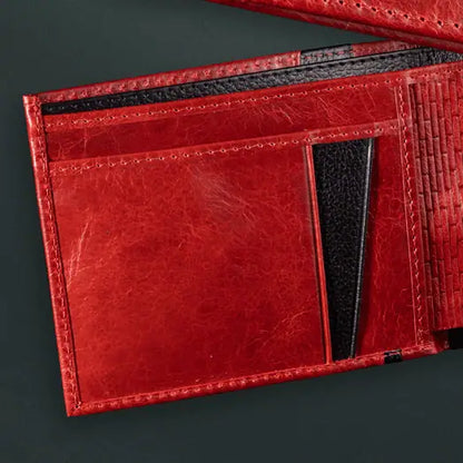 Cartera Bifold de Cuero Auténtico Roja Negra Vanguardista